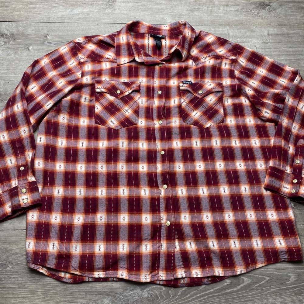 Wrangler Shirt Retro Mens XXL Burgundy Orange Aztec Cotton Western Pearl Snap